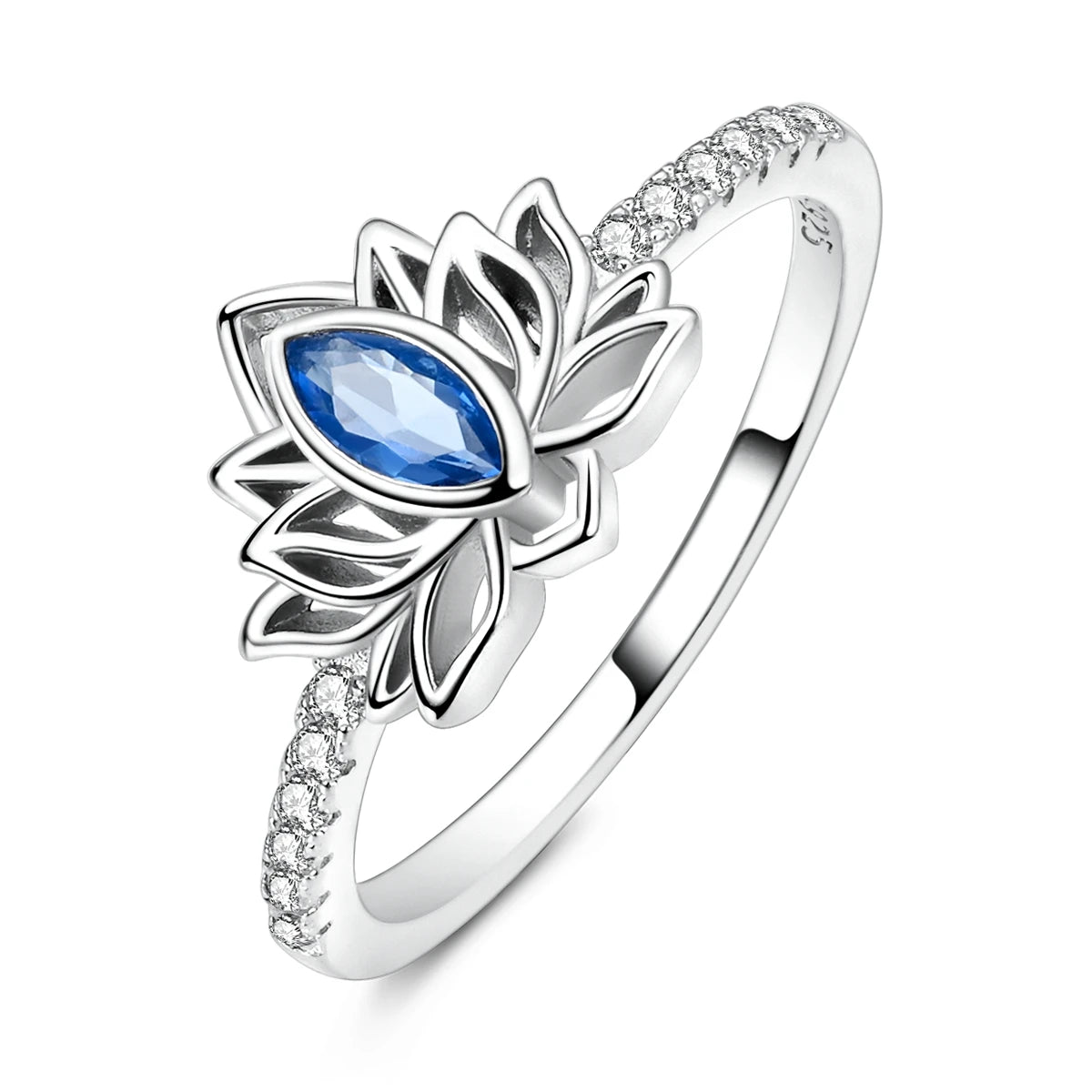 Silver ring with blue gemstone and diamond accents on a white background